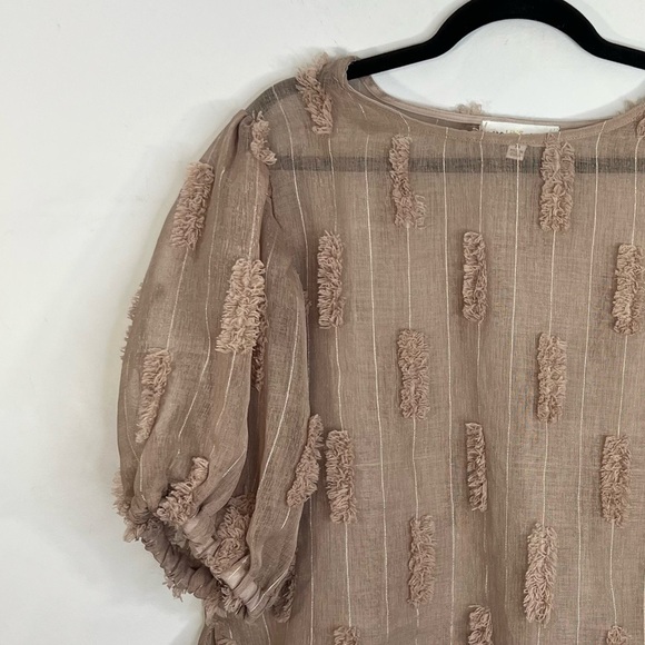 Taupe brown sheer statement puff sleeve pin stripe boxy oversized top M - Picture 6 of 14